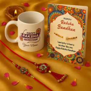 A vibrant "Rakhi Gift Hamper" featuring a white ceramic mug with "Happy Raksha Bandhan" and "Your Name" text.
