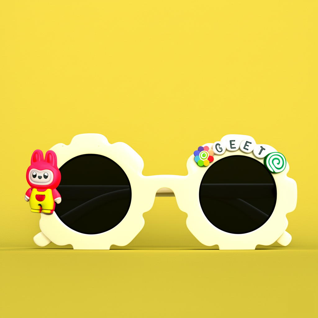 A pair of white, flower-shaped "Personalized Kids Sunglasses with Name" featuring a red bunny character on one side and the personalized name