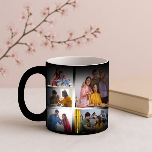 A black, heat-sensitive "Personalized Magic Mug for Rakshabandhan," appearing plain when cold, but revealing a custom photo or heartfelt message as hot liquid is poured into it.