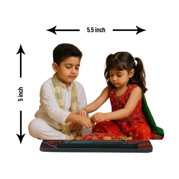 A "Rakhi Caricature for Brother and Sister" depicting a personalized standee of a young boy and girl in traditional attire, with a Rakhi thali between them, celebrating Raksha Bandhan, set against a bokeh background.