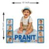 A Wooden cutout photo for baby customized featuring a smiling baby (Pranit) sitting on a cloud-shaped base, flanked by two blue vertical panels with four small baby photos each, and text indicating "PRANIT 1st BIRTHDAY" with balloons and a cake icon.