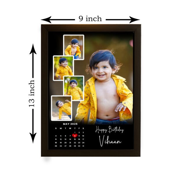 A Baby Birthday Photo Frame held by a child, featuring a large central photo of a smiling baby, surrounded by smaller photos, a "MAY 2025" calendar with a heart on the 7th, and "Happy Birthday Vihaan" text.
