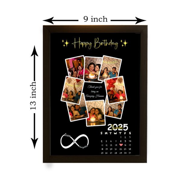 Person holding a black birthday collage photo frame with multiple custom photos and a calendar design