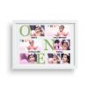A white framed Personalized Baby First Year Photo Frame featuring the word "ONE" spelled out with large letters integrated with small photos of a baby (Nidhi), along with text indicating "NIDHI'S FIRST BIRTHDAY," "23 March 2001," and "Mumbai."