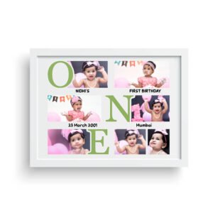 A white framed Personalized Baby First Year Photo Frame featuring the word "ONE" spelled out with large letters integrated with small photos of a baby (Nidhi), along with text indicating "NIDHI'S FIRST BIRTHDAY," "23 March 2001," and "Mumbai."
