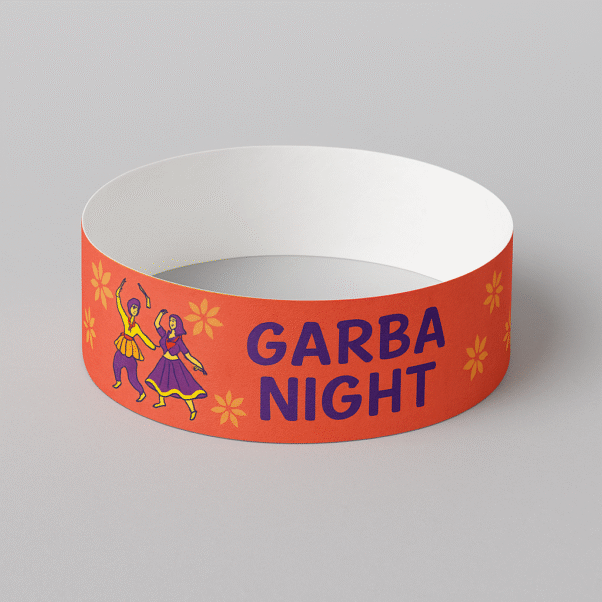 Women wearing colorful Tyvek wristbands at Navratri
