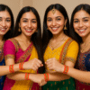 Women wearing colorful Tyvek wristbands at Navratri