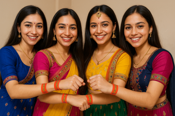 Women wearing colorful Tyvek wristbands at Navratri