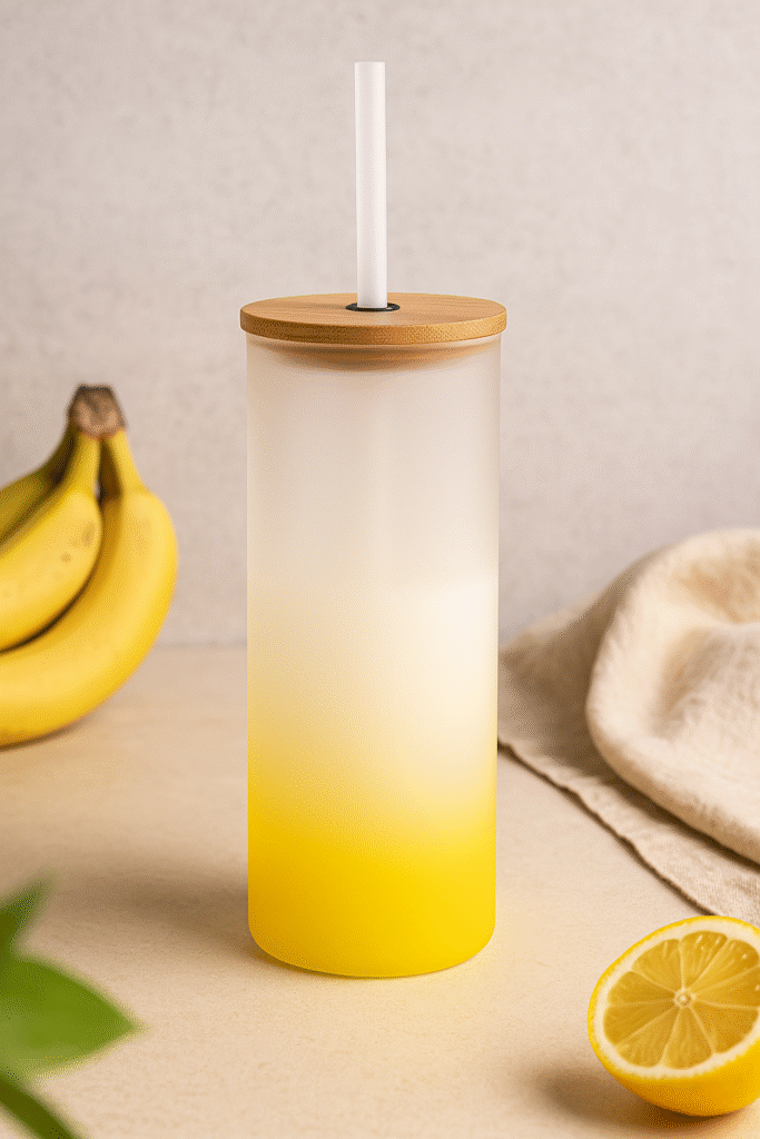 A white and yellow gradient Custom Name Tumbler with Motivational Quote, featuring the name "KRITI" on one side and the word "SLAY" on the other, both in colorful bubbly letters, with a bamboo lid and clear straw.