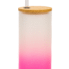 A white and pink gradient Personalized Tumbler for Girls with a bamboo lid and clear straw. One side features an illustration of a stylish girl with a red bandana and sunglasses, and the name "Anaya Sharma." The other side has "MAIN CHARACTER ENERGY" text with star accents.