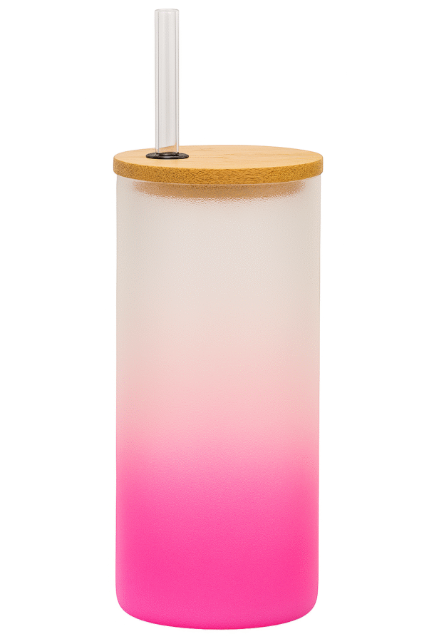 A white and pink gradient Personalized Tumbler for Girls with a bamboo lid and clear straw. One side features an illustration of a stylish girl with a red bandana and sunglasses, and the name "Anaya Sharma." The other side has "MAIN CHARACTER ENERGY" text with star accents.