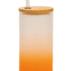 A white and orange gradient Personalized Dinosaur Tumbler for Kids with a bamboo lid and clear straw, featuring colorful illustrations of various dinosaurs, leaves, anchors, and the text "DINO ADVENTURE" and a vertical custom name "Rohan."