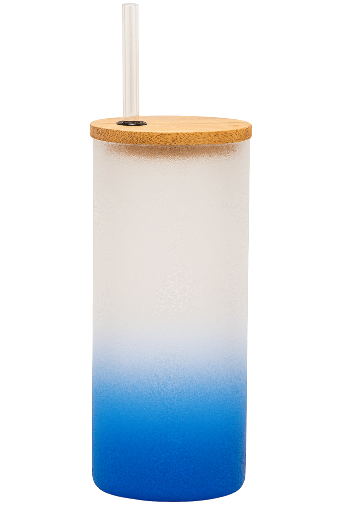 Blue Colored Skinny Tumbler on a coaster with a bamboo lid and glass straw.