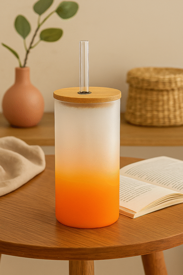 A white and orange gradient Personalized Dinosaur Tumbler for Kids with a bamboo lid and clear straw, featuring colorful illustrations of various dinosaurs, leaves, anchors, and the text "DINO ADVENTURE" and a vertical custom name "Rohan."