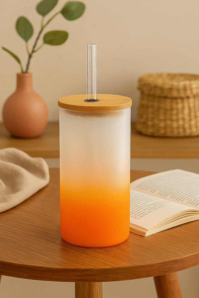A white and orange gradient Personalized Dinosaur Tumbler for Kids with a bamboo lid and clear straw, featuring colorful illustrations of various dinosaurs, leaves, anchors, and the text "DINO ADVENTURE" and a vertical custom name "Rohan."