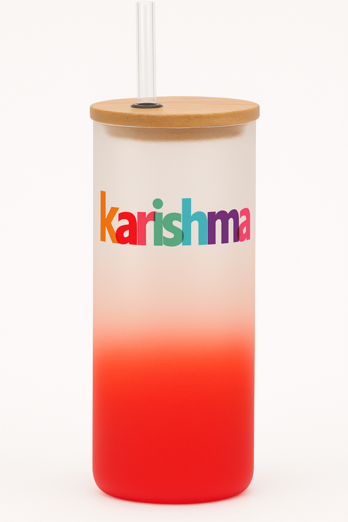 Personalized Tumbler with Custom Name & Quote. One side shows the customizable text "your name here" in colorful, bubbly letters, and the other side shows the motivational quote "trust your self" in similar colorful, bubbly letters.