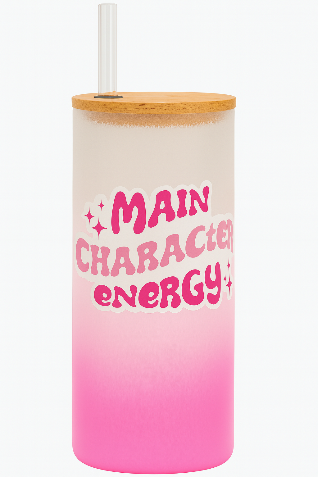 A white and pink gradient Personalized Tumbler for Girls with a bamboo lid and clear straw. One side features an illustration of a stylish girl with a red bandana and sunglasses, and the name "Anaya Sharma." The other side has "MAIN CHARACTER ENERGY" text with star accents.