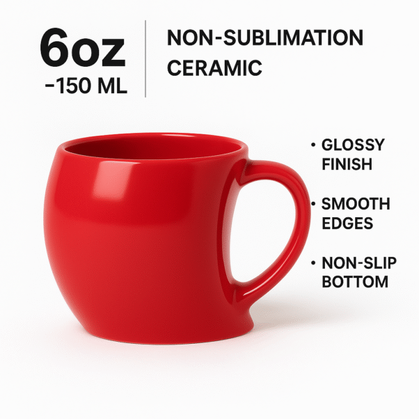 Custom Red Singapore Mug with a curved base and a unique handle shape, filled with coffee, sitting on a wooden desk next to a laptop and a pencil holder.