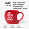 Custom Red Singapore Mug with a curved base and a unique handle shape, filled with coffee, sitting on a wooden desk next to a laptop and a pencil holder.