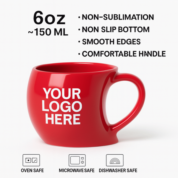 Custom Red Singapore Mug with a curved base and a unique handle shape, filled with coffee, sitting on a wooden desk next to a laptop and a pencil holder.