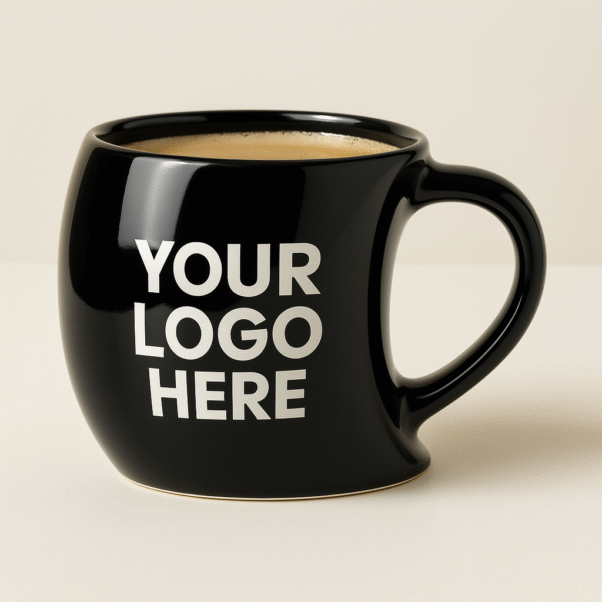 Black singapore mug with a custom 'CafeWorld' logo in orange and white, placed on a wooden desk next to a laptop and a notebook.
