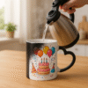 Personalized couple magic mug revealing a full-color illustration of a loving couple with hearts floating around them.