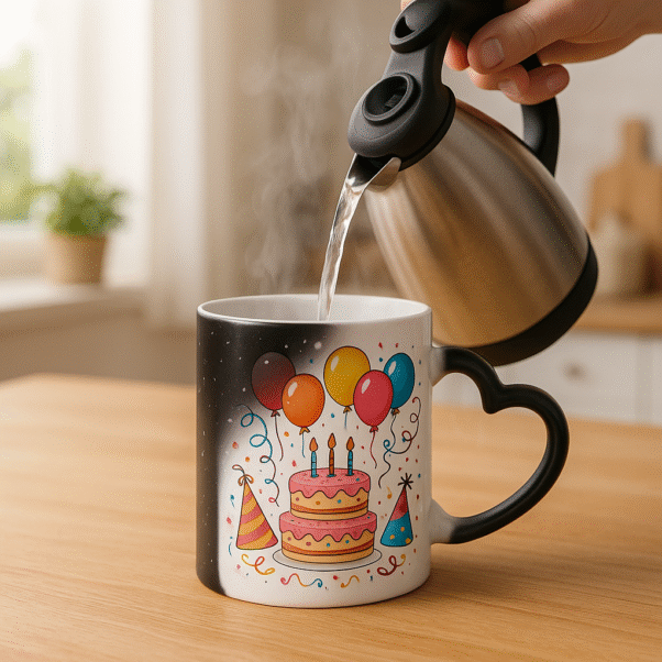 Personalized couple magic mug revealing a full-color illustration of a loving couple with hearts floating around them.