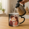 Personalized couple magic mug revealing a full-color illustration of a loving couple with hearts floating around them.