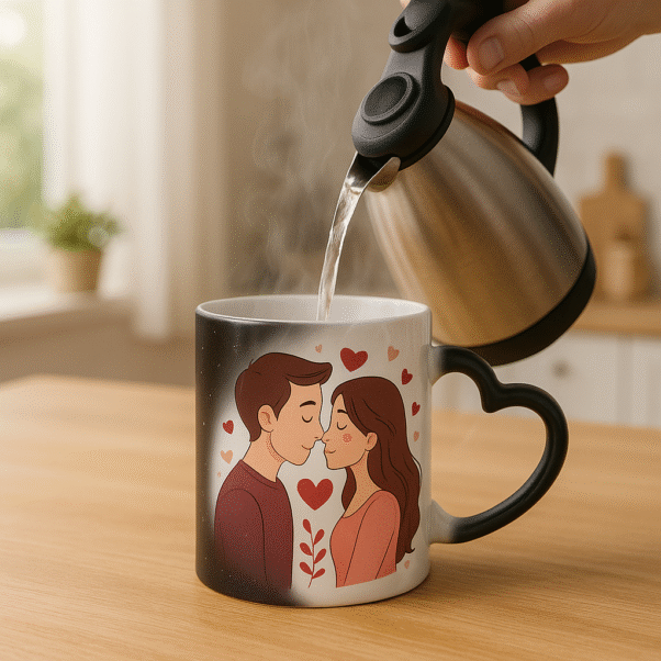 Personalized couple magic mug revealing a full-color illustration of a loving couple with hearts floating around them.