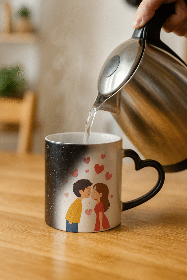 Personalized couple magic mug revealing a full-color illustration of a loving couple with hearts floating around them.