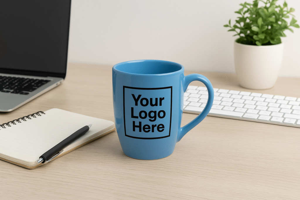 A sleek blue coffee mugs with a glossy finish. The mug is shown on a wooden desk with steam rising, a testament to its heat-retaining quality.
