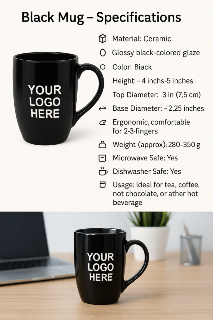 A sleek, minimalist black coffee cups with a glossy finish. The mug is shown on a wooden desk with steam rising, a testament to its heat-retaining quality.