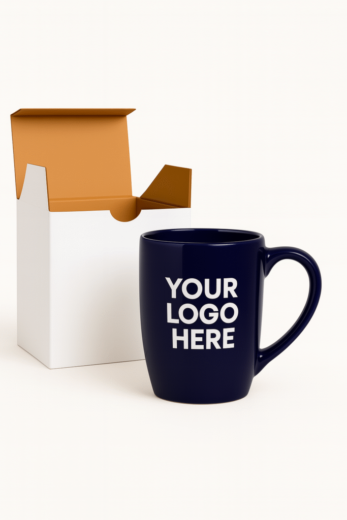 Navy blue Coffee mugs with a white logo on a wooden desk next to a laptop and a notebook.