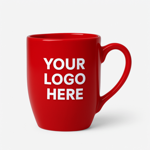 Printed Red Coral Mug with a mooth handle, sitting on a wooden desk next to a notebook and a pen.