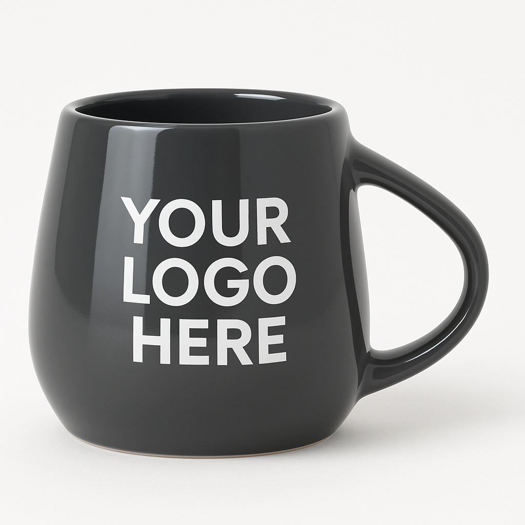 Matka Mug 8 A dark grey, rounded ceramic Matka Mug with a prominent handle and the words "YOUR LOGO HERE" in white on its side, highlighting its potential for custom branding.
