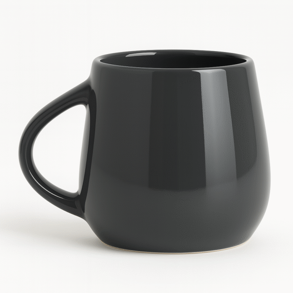 A dark grey, rounded ceramic Matka Mug with a prominent handle and the words "YOUR LOGO HERE" in white on its side, highlighting its potential for custom branding.