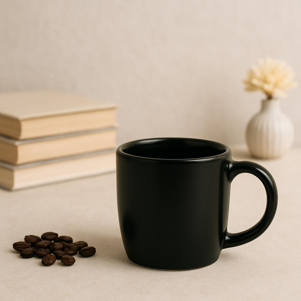 Black ceramic coffee mug 7 Black ceramic coffee mug with a curved handle, sitting on a table next to a pile of books, a small white vase with a flower, and a handful of coffee beans.
