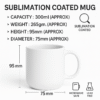 Custom White ceramic coffee mug with a rounded base, sitting on a wooden table next to a silver spoon and a folded beige cloth.