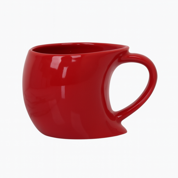 Custom Red Singapore Mug with a curved base and a unique handle shape, filled with coffee, sitting on a wooden desk next to a laptop and a pencil holder.