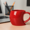 Custom Red Singapore Mug with a curved base and a unique handle shape, filled with coffee, sitting on a wooden desk next to a laptop and a pencil holder.