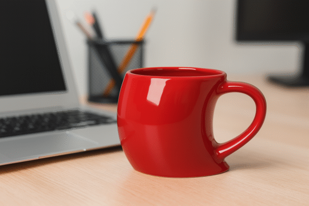 Custom Red Singapore Mug with a curved base and a unique handle shape, filled with coffee, sitting on a wooden desk next to a laptop and a pencil holder.
