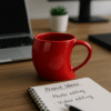 Custom Red Singapore Mug with a curved base and a unique handle shape, filled with coffee, sitting on a wooden desk next to a laptop and a pencil holder.