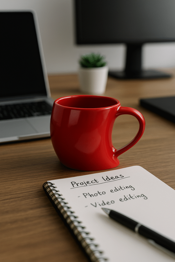 Custom Red Singapore Mug with a curved base and a unique handle shape, filled with coffee, sitting on a wooden desk next to a laptop and a pencil holder.