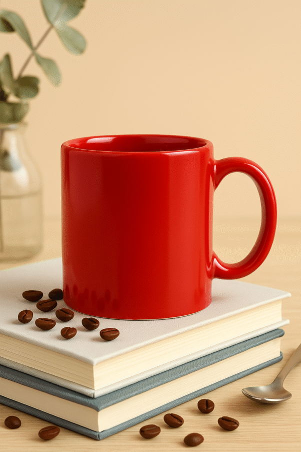 Custom red ceramic coffee mug sitting on a stack of books, with scattered coffee beans around it, in a studio setting.