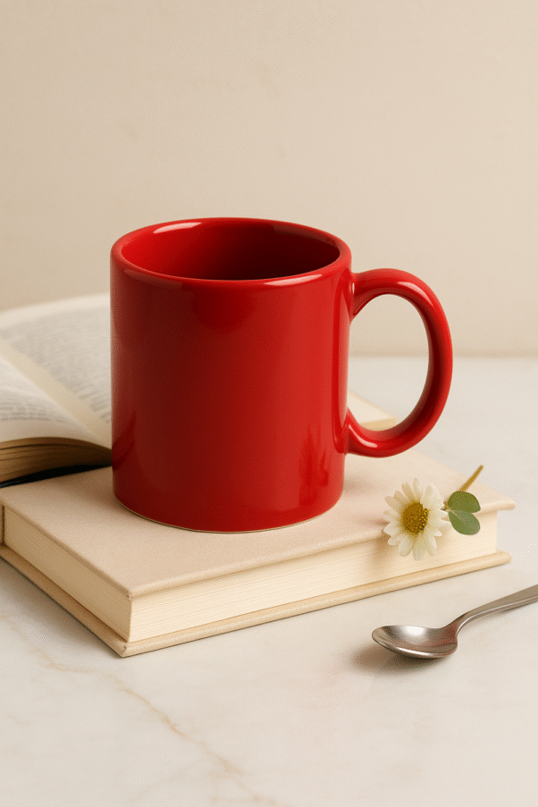 Custom red ceramic coffee mug sitting on a stack of books, with scattered coffee beans around it, in a studio setting.