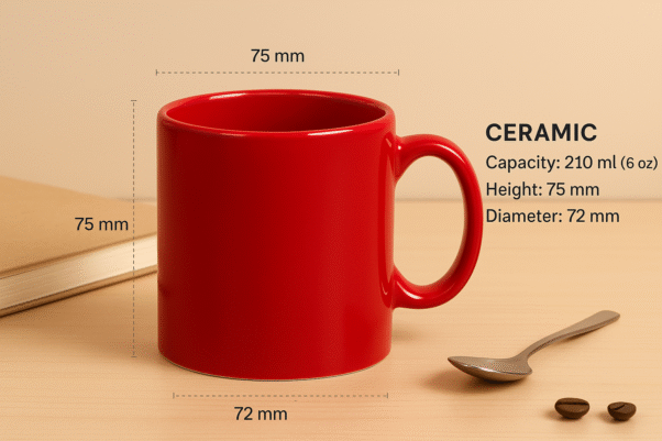 Custom red ceramic coffee mug sitting on a stack of books, with scattered coffee beans around it, in a studio setting.