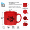 Custom red ceramic coffee mug sitting on a stack of books, with scattered coffee beans around it, in a studio setting.