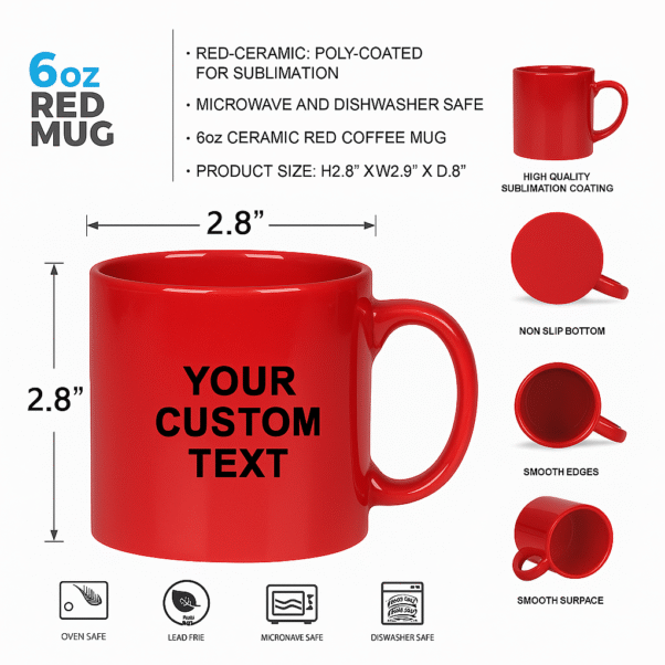 Custom red ceramic coffee mug sitting on a stack of books, with scattered coffee beans around it, in a studio setting.