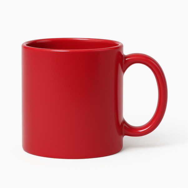 Custom red ceramic coffee mug sitting on a stack of books, with scattered coffee beans around it, in a studio setting.