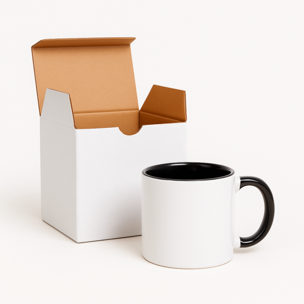 Personalized Black and White Coffee Mug with Name or Logo interior and handle on a wooden table, next to an open book and a small flower.